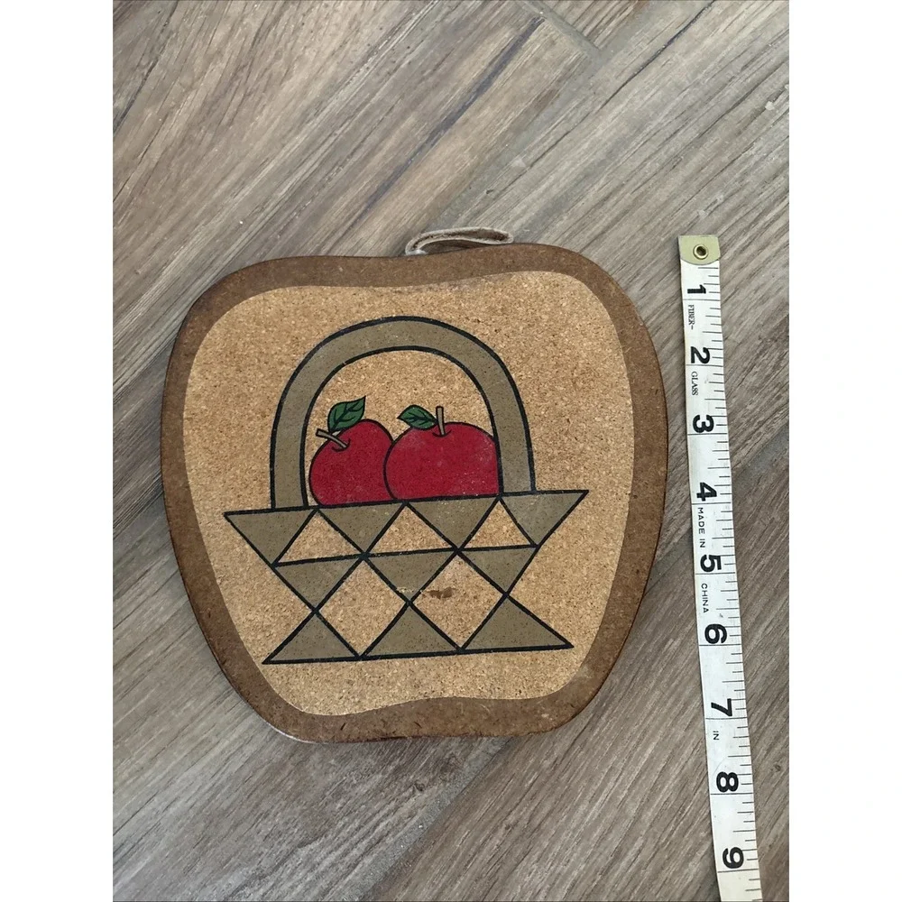 Vintage Trivet Fruit Designs Apple In Basket Cork on Wood Apple Shaped